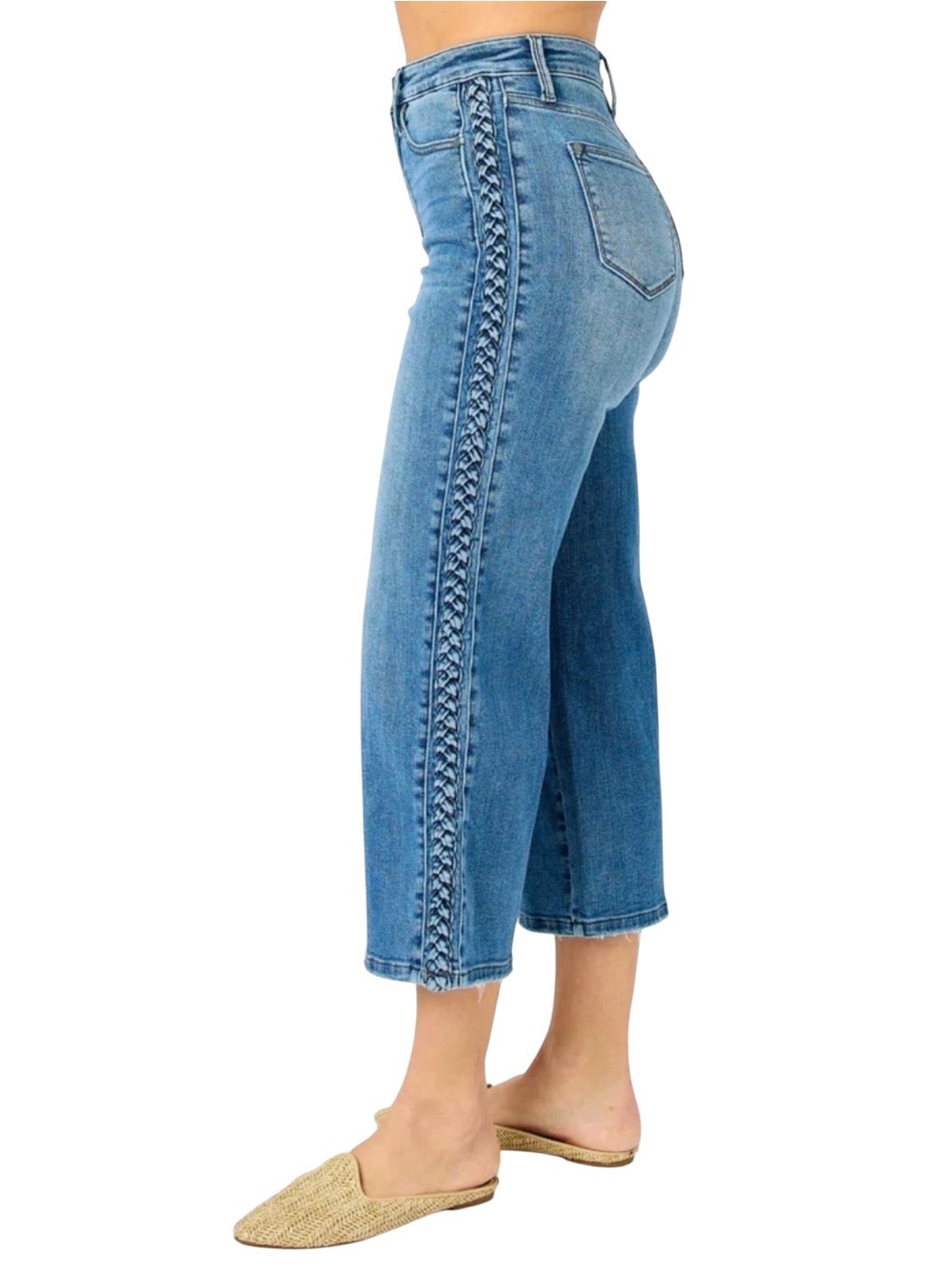 JUDY BLUE Wide Leg Braided High Waist Medium Blue Wash NEW Crop Jeans 5/27